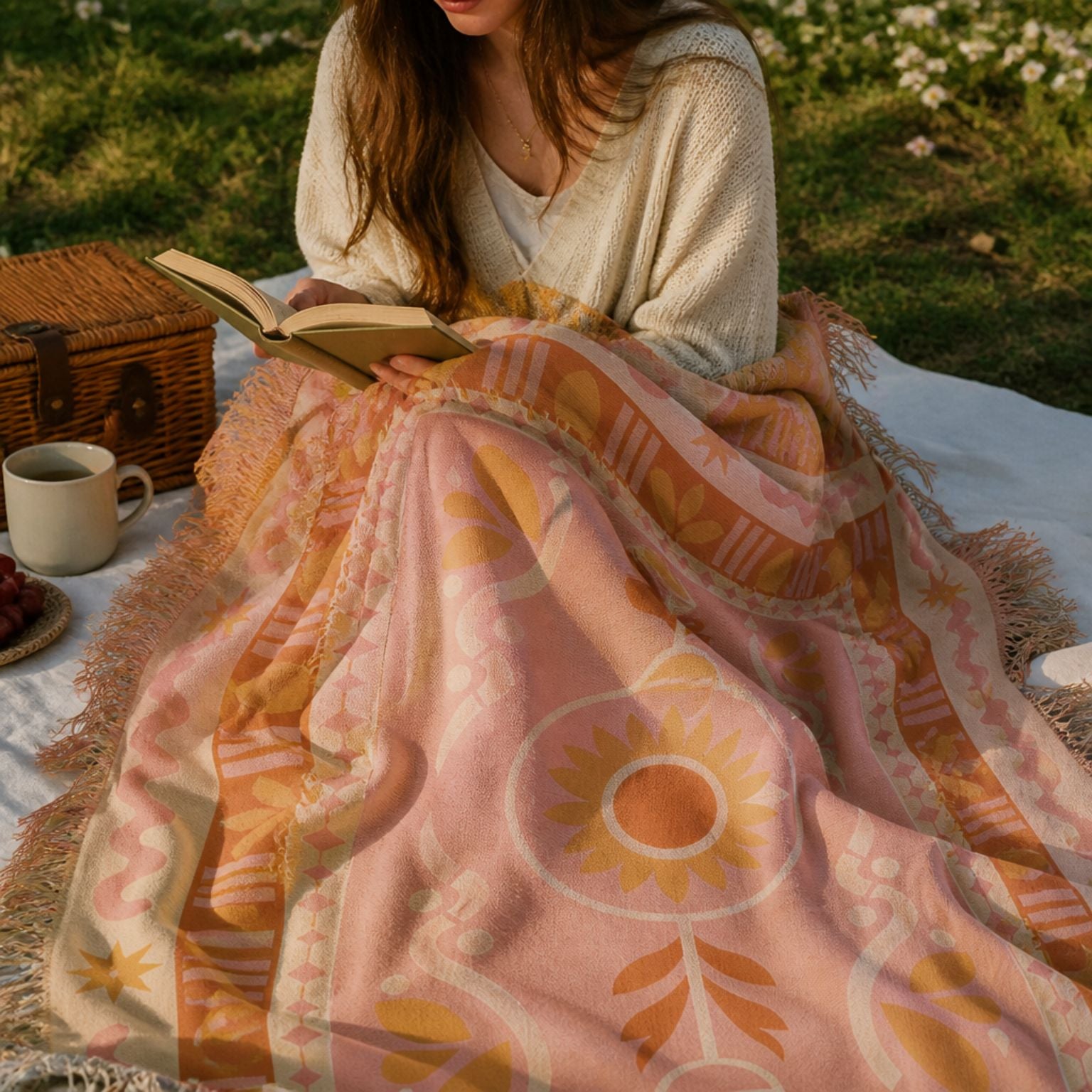 Dahlia jacquard woven throw rug — dusty rose boho rug outdoor lifestyle shot | Solara Covers