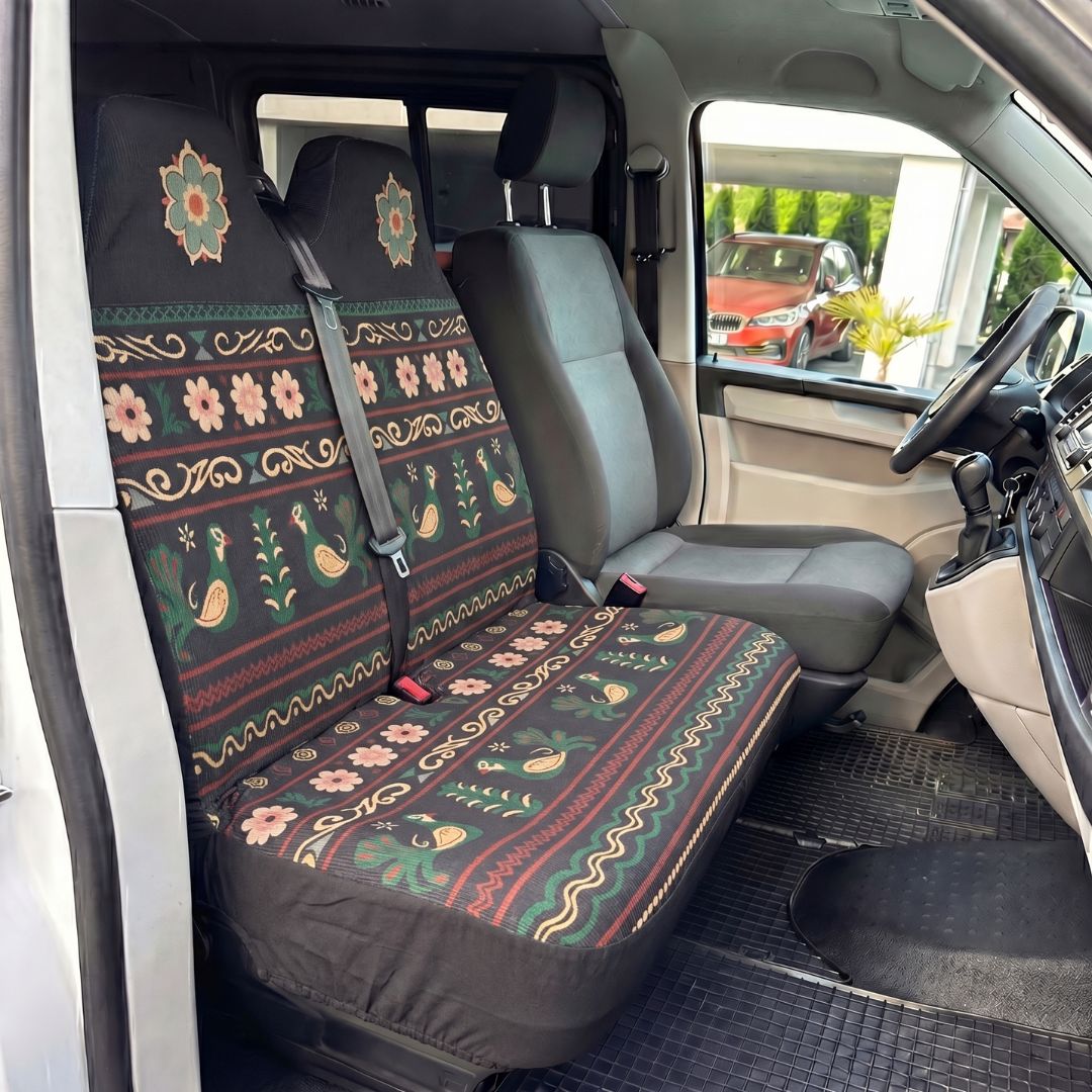 Solara Indira Folk Print double front seat cover - black with floral &amp; deer motifs lifestyle shot