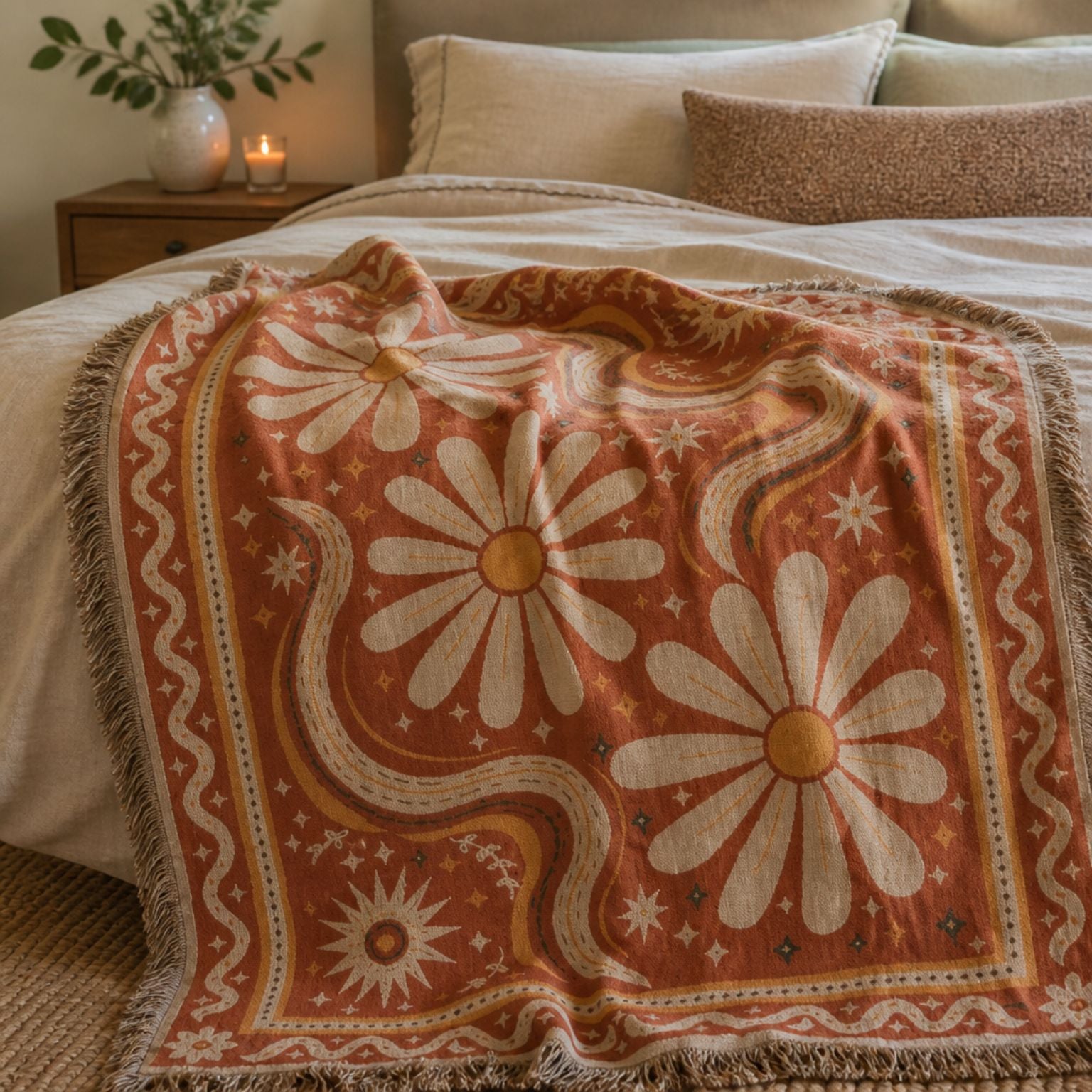 Daisy jacquard woven throw rug — burnt orange and cream, folded view | Solara Covers