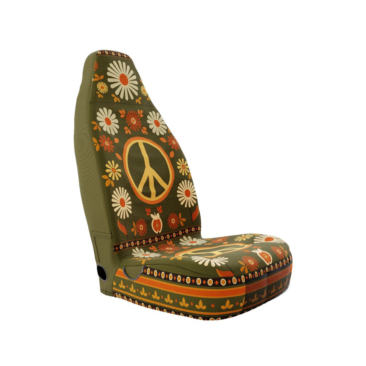 Solara Woodstock universal seat cover — olive green with white daisies and golden peace sign, front view