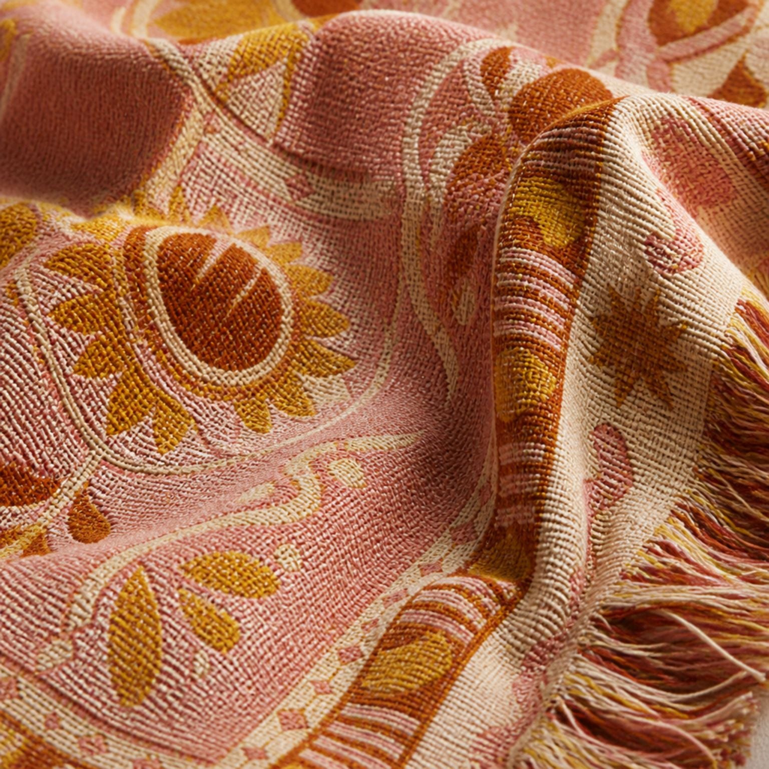 Dahlia jacquard woven throw rug — golden bloom floral, alternate angle | Solara Covers