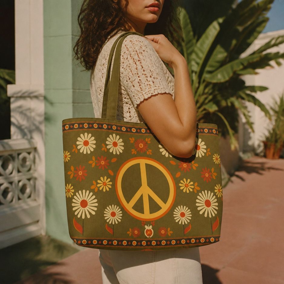 Woodstock peace-sign tote bag carried over the shoulder — olive green boho print
