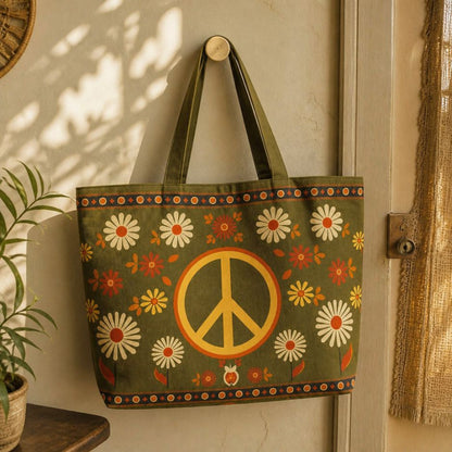 Woodstock olive tote bag hanging on a wall hook beside a doorway
