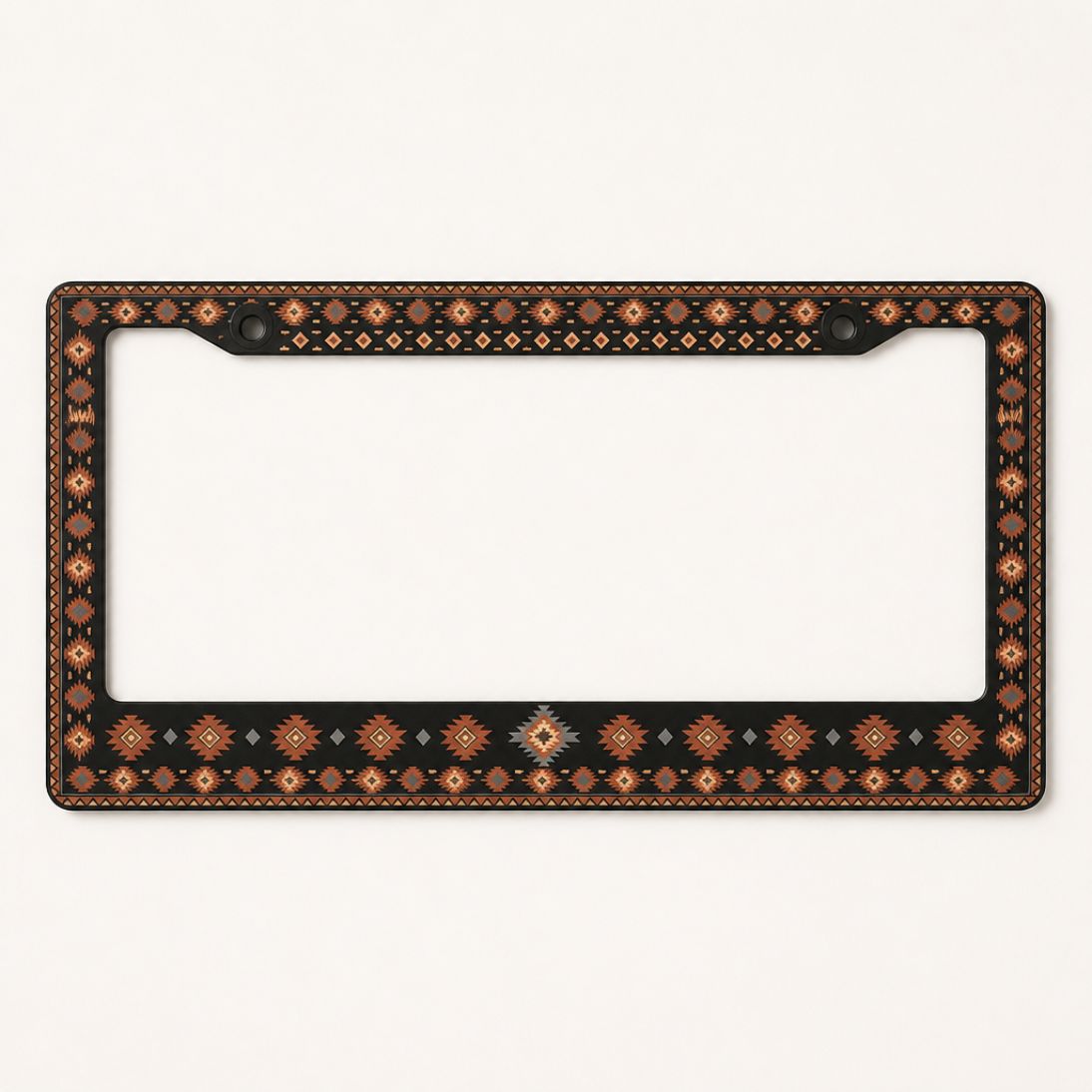 Zara license plate frames — black Aztec frame detail shot | Solara
