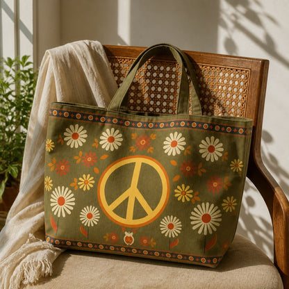 Woodstock tote bag resting on a cane chair with a cream throw