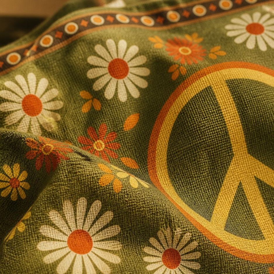 Close-up of the Woodstock print — golden peace sign and retro daisies on olive canvas