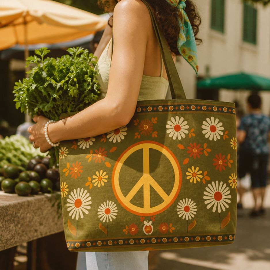 Woodstock tote bag at the market, filled with fresh greens