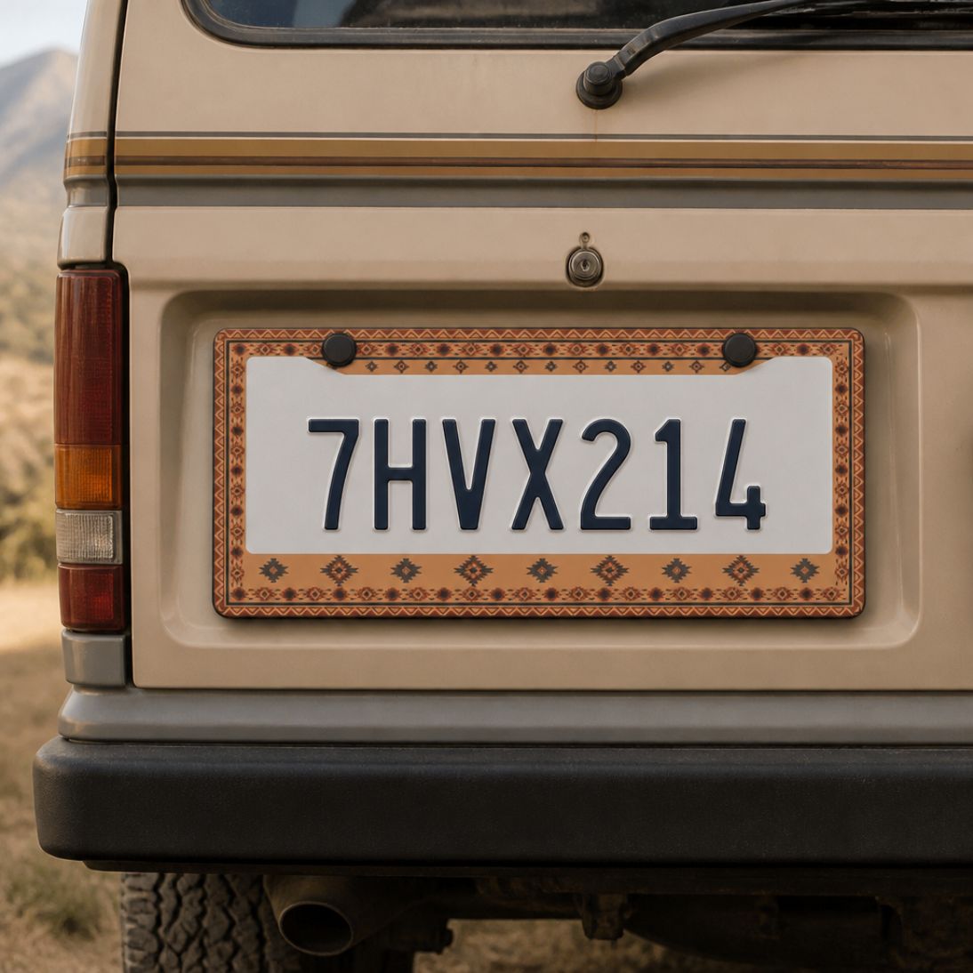Indigo license plate frames (set of 2) — coastal cream and blue zinc alloy frame, front view | Solara