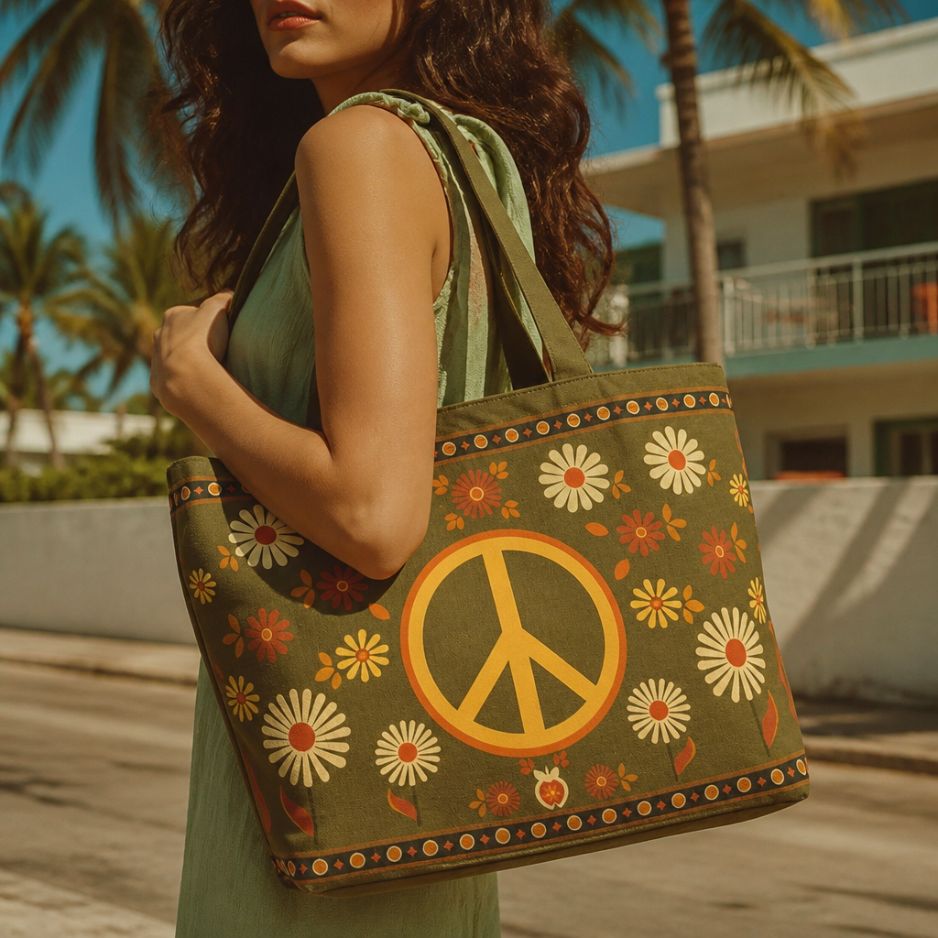 Woodstock tote bag over the shoulder on a palm-lined street