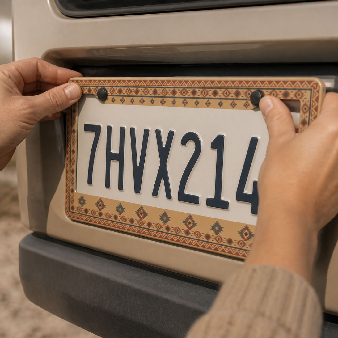 Indigo license plate frames — cream and blue zinc alloy frame, angle view | Solara