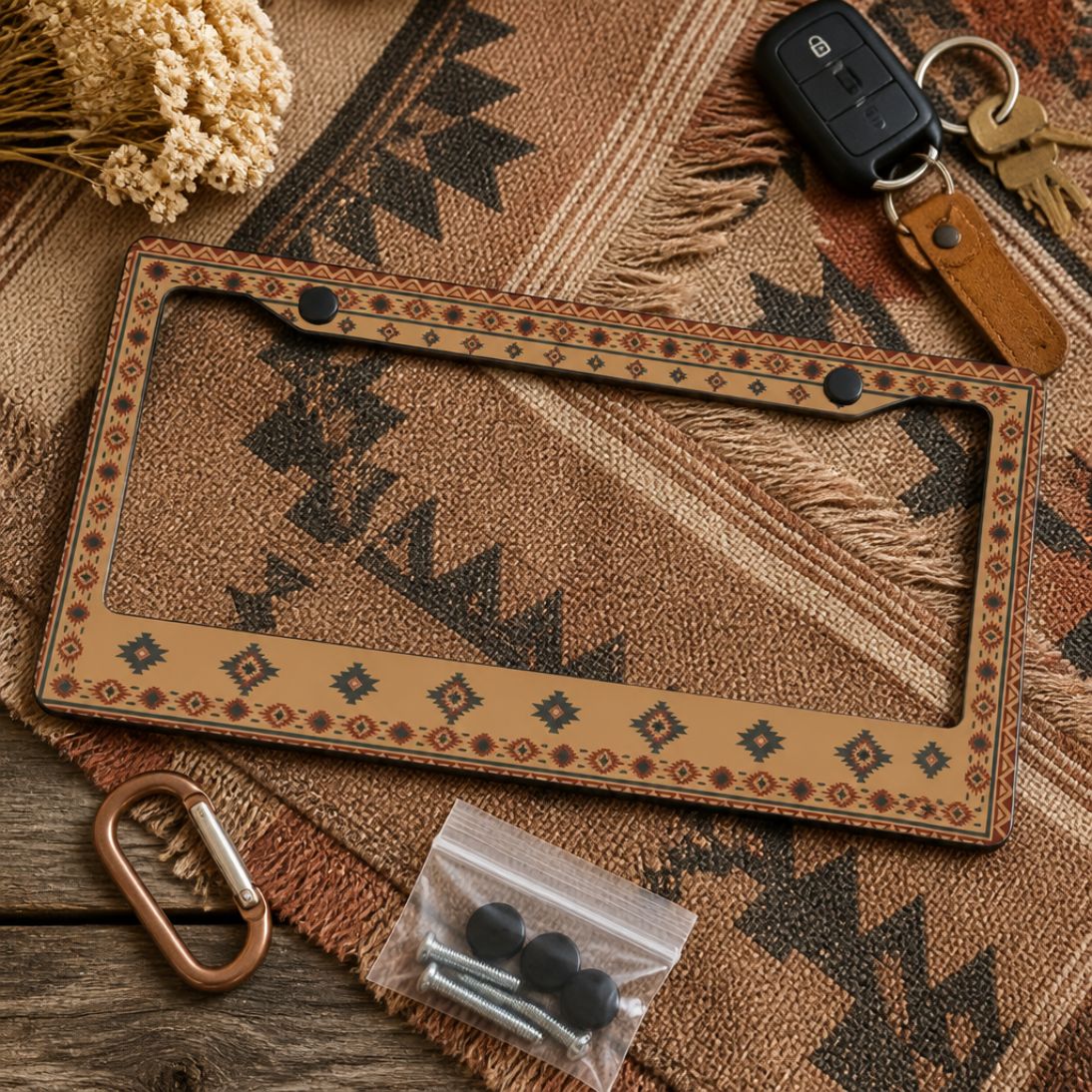 Indigo license plate frames — coastal Aztec pattern close-up | Solara