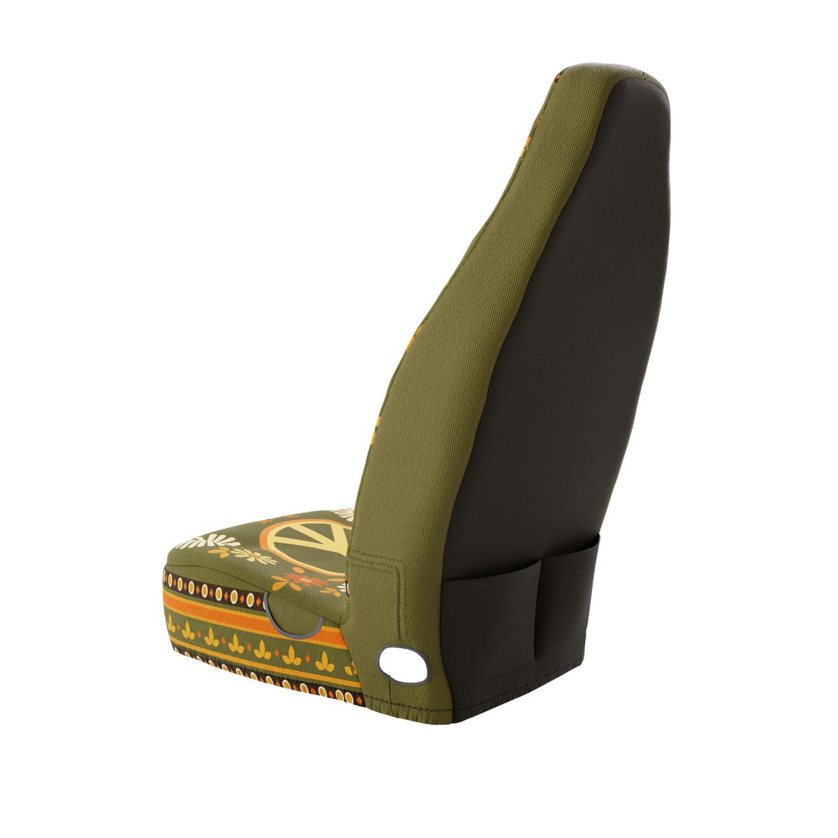 Solara Woodstock universal seat cover — peace and daisy print, back view