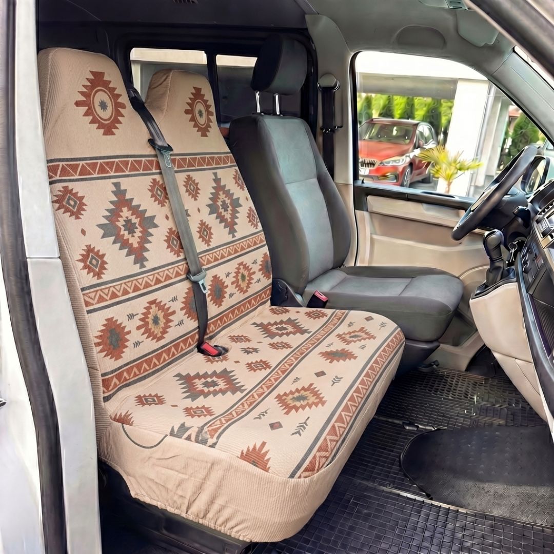 Solara Indigo Aztec double front seat cover - beige &amp; blue back view
