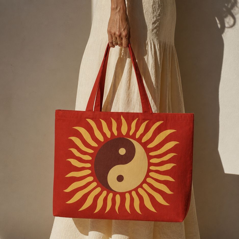 Tao yin-yang sun tote bag held beside a white summer dress