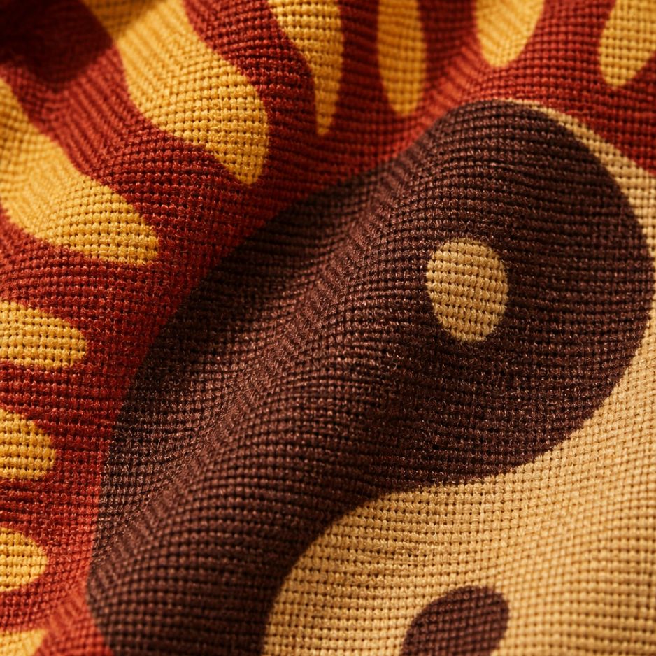 Close-up of the Tao print — brown-and-cream yin-yang sun woven on rust canvas
