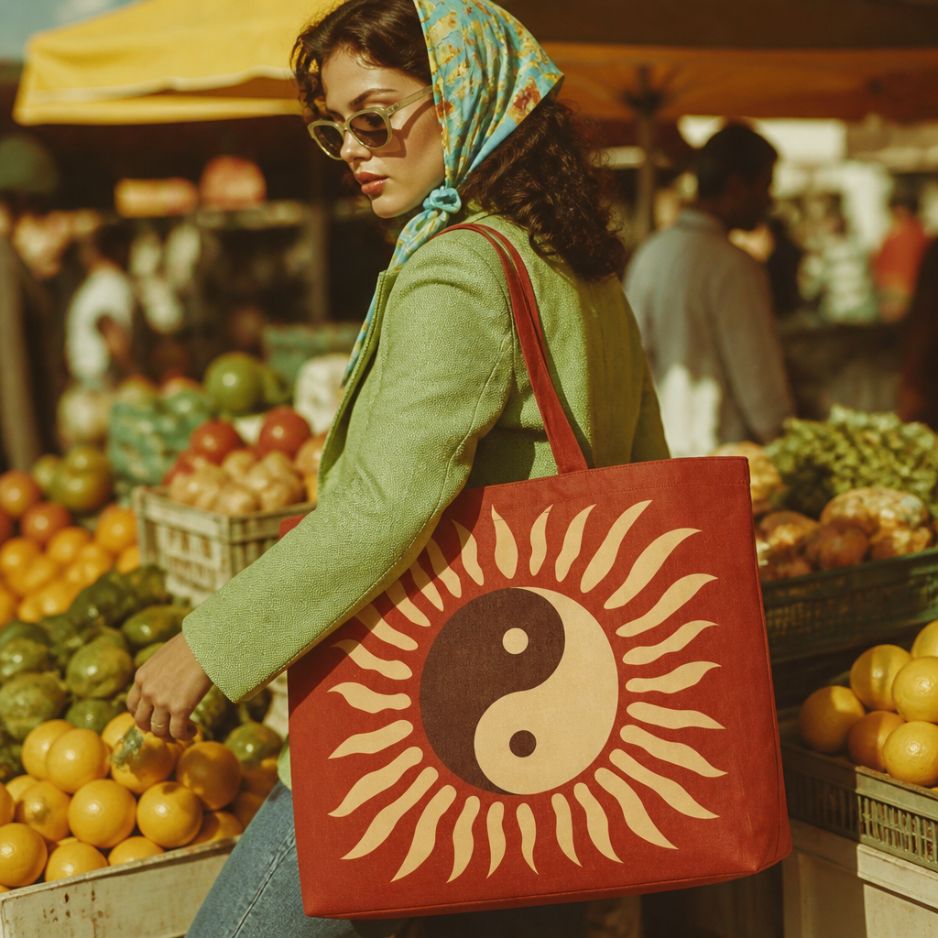 Tao tote bag over the shoulder at a fruit market