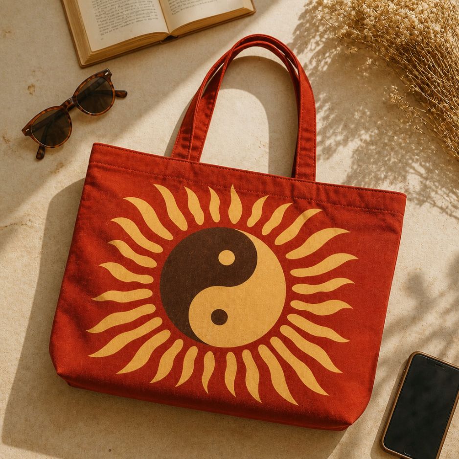 Tao tote bag flat lay with sunglasses and an open book
