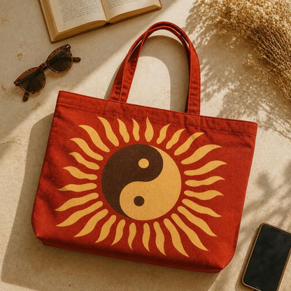 Tao tote bag flat lay with sunglasses and an open book