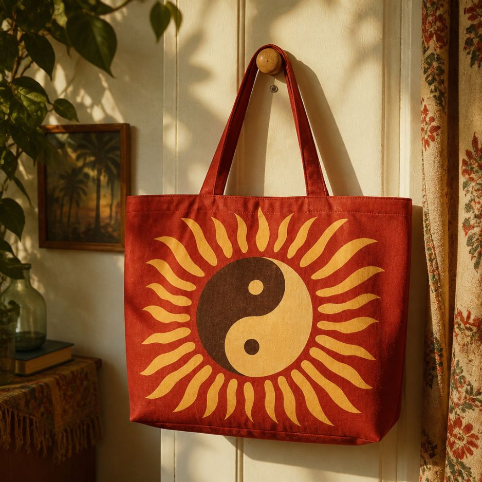 Tao tote bag hanging on a wall hook beside houseplants