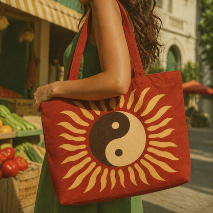 Tao rust tote bag carried through a street market