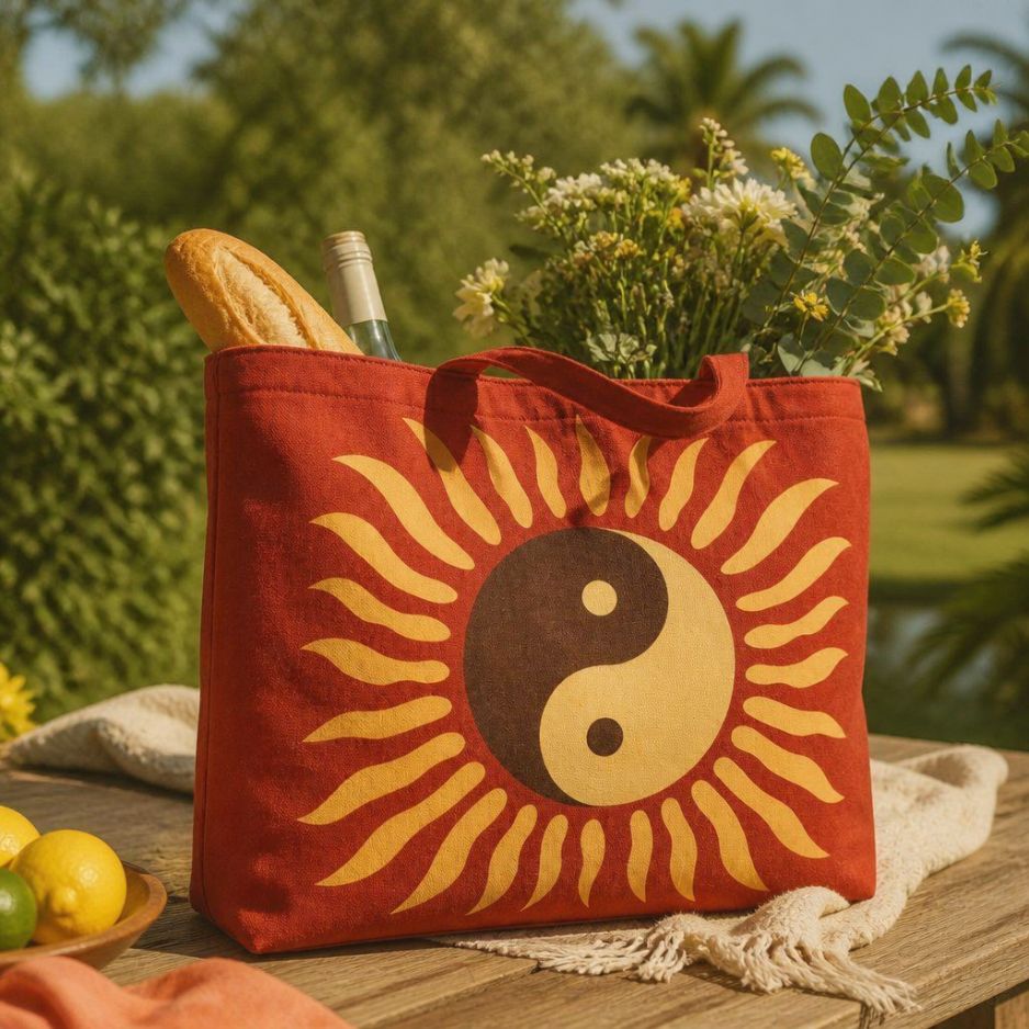 Tao tote bag on a garden table with flowers and a baguette