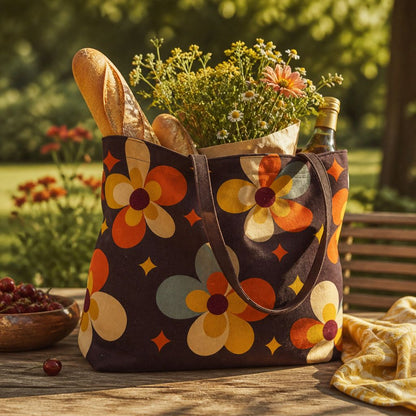 Solara Cosmos tote bag, retro-cosmic floral print on black cotton canvas