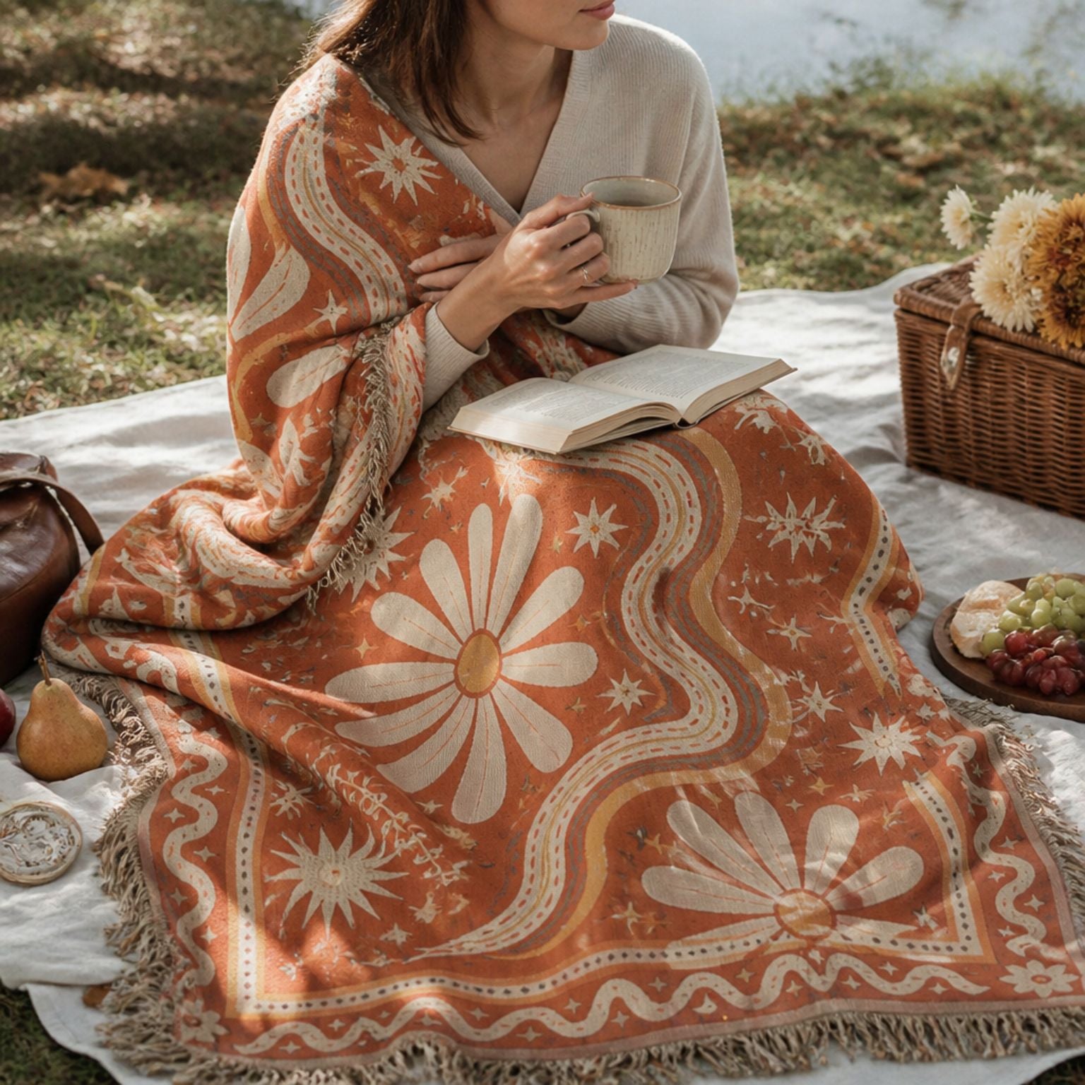 Daisy jacquard woven throw rug — fringed corner detail | Solara Covers