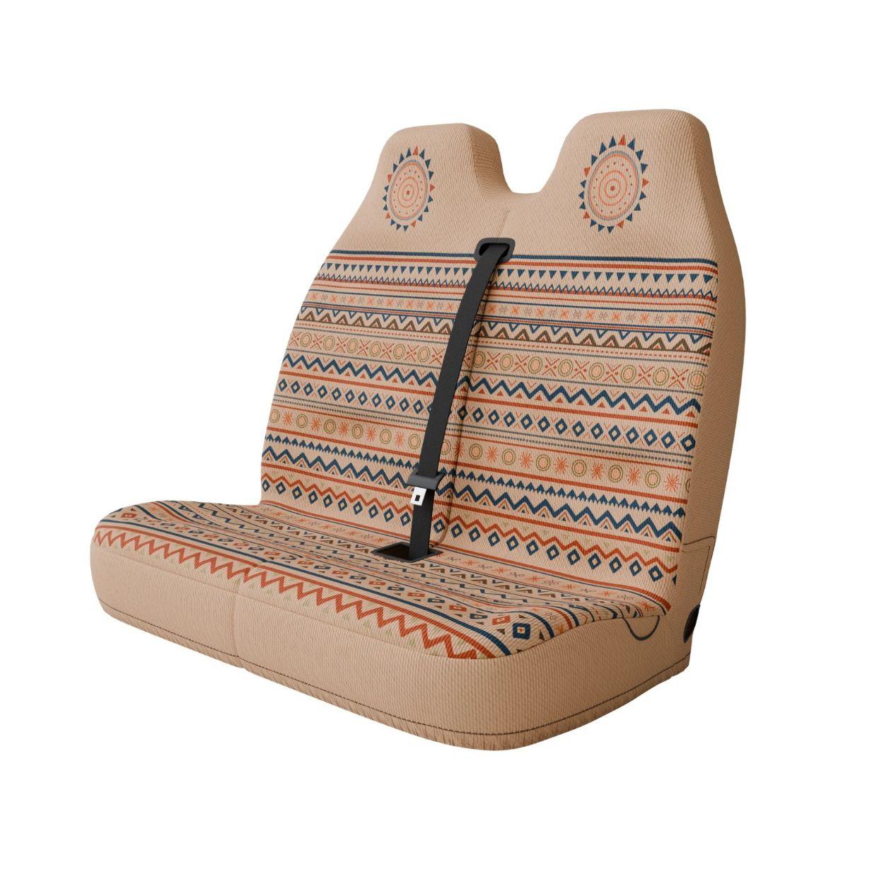 Aria double front cover styled in van interior — cream and terracotta bench seat protection | Solara Covers