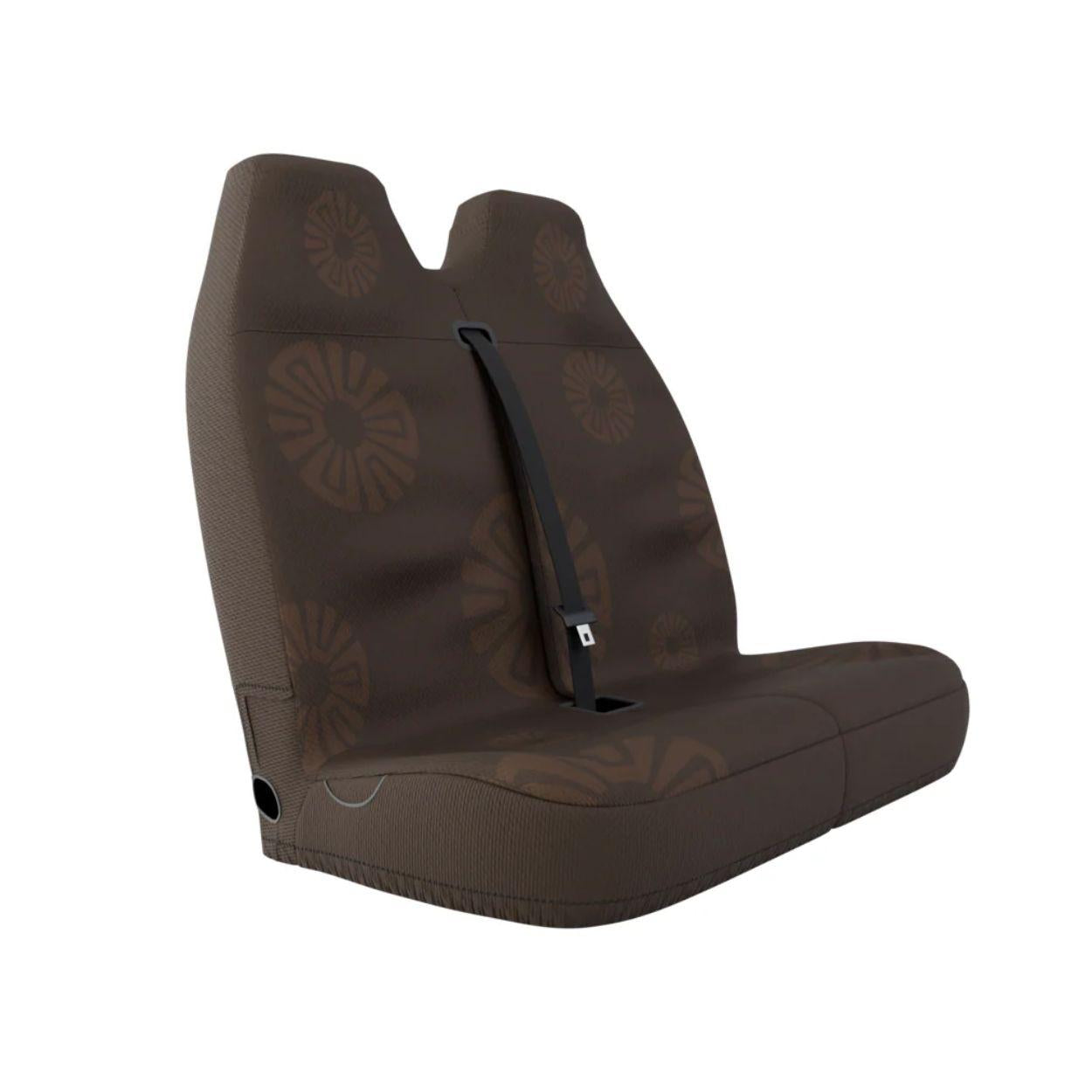 Clay double front seat cover installed on van bench — earthy brown finish | Solara Covers