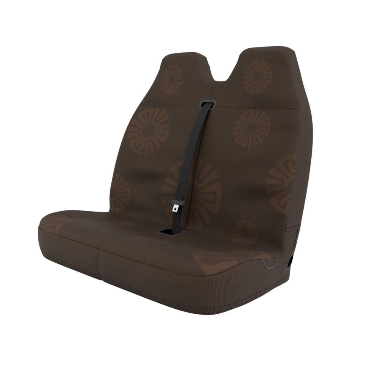 Clay double front cover styled in van interior — earthy brown bench seat protection | Solara Covers
