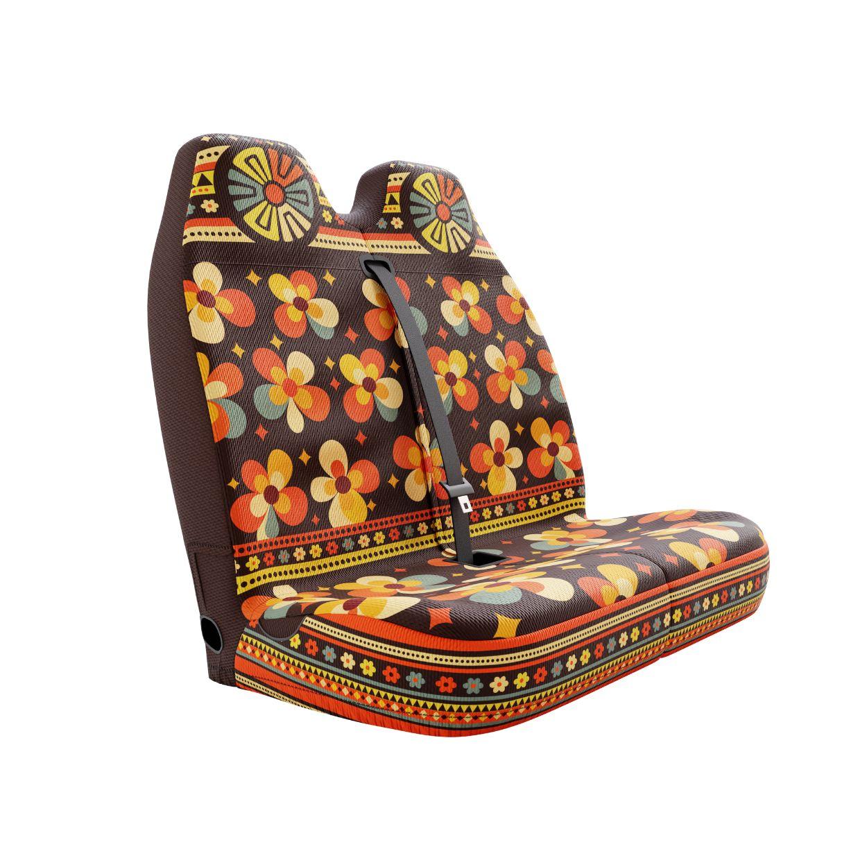 Cosmos double front seat cover installed on van bench — black floral Aztec print | Solara Covers