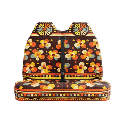 Cosmos double front seat cover detail showing multicolor Aztec geometry and folk flowers | Solara Covers