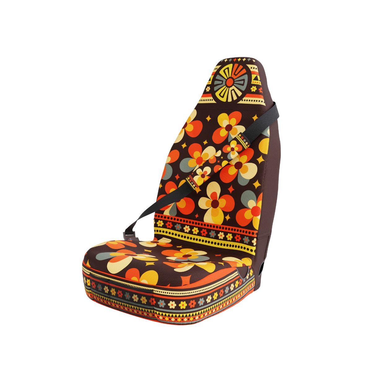 Cosmos Aztec seat belt sleeves styled in vehicle interior — black floral padded comfort | Solara Covers