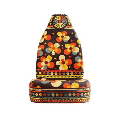 Cosmos Aztec seat cover detail showing multicolor geometry and folk-illustrated flowers | Solara Covers