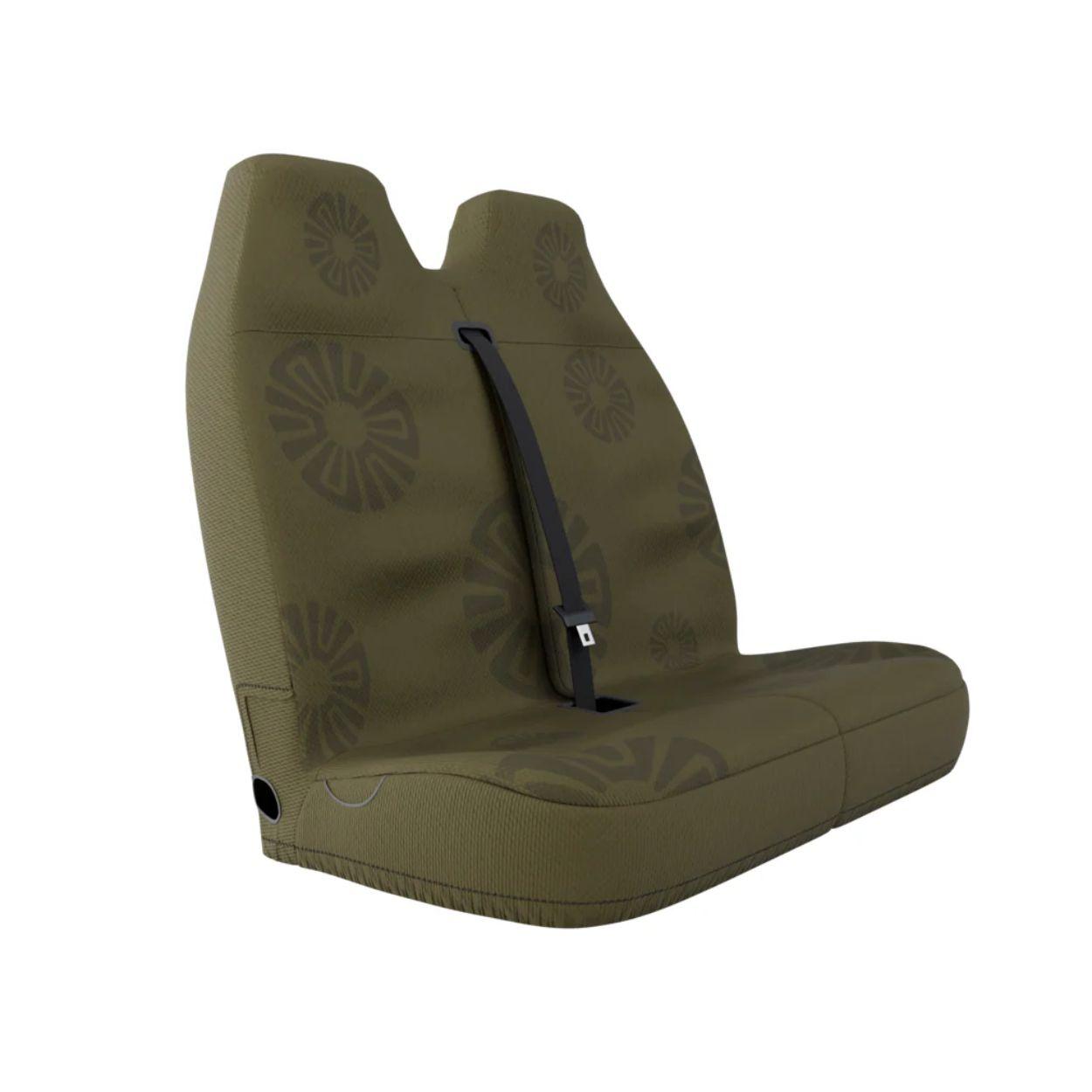 Dune double front seat cover installed on van bench — olive green finish | Solara Covers