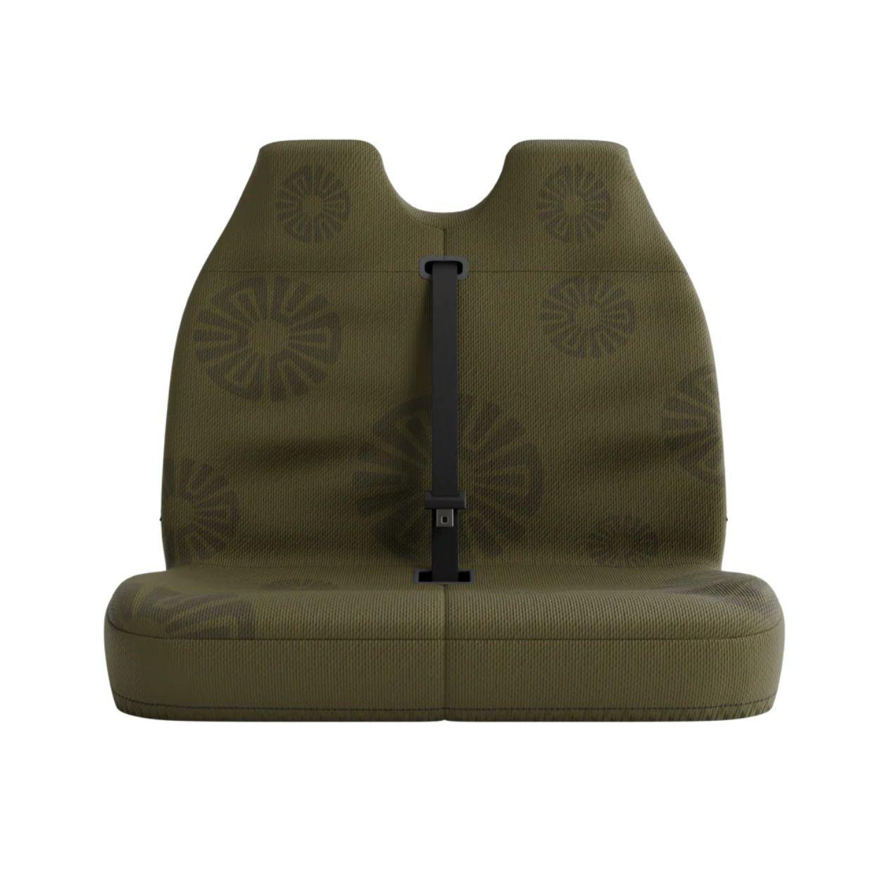 Dune double front seat cover by Solara Covers for van bench seats and campers — waterproof olive green design