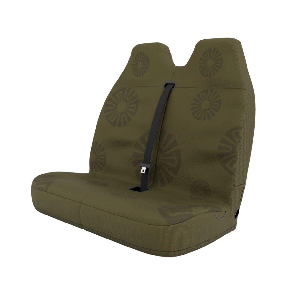 Dune double front cover styled in van interior — olive green bench seat protection | Solara Covers