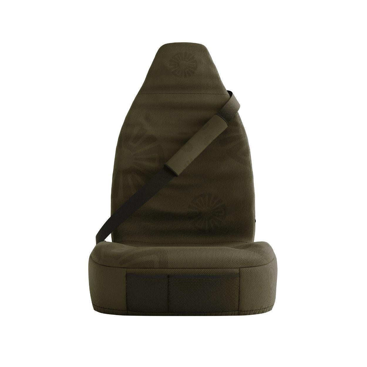 Dune seat belt sleeves styled in vehicle interior — olive green padded comfort | Solara Covers