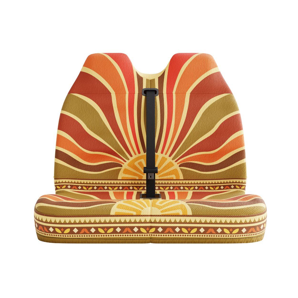 Halo double front seat cover detail showing sunrise red and orange Aztec pattern | Solara Covers