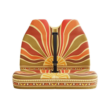 Halo double front seat cover detail showing sunrise red and orange Aztec pattern | Solara Covers