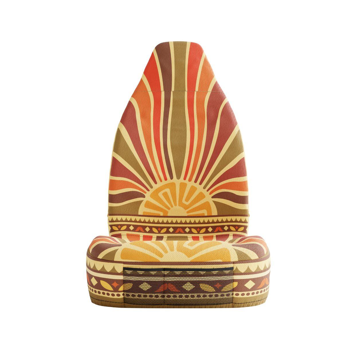 Halo Aztec seat cover detail showing sunrise red and orange geometric pattern | Solara Covers