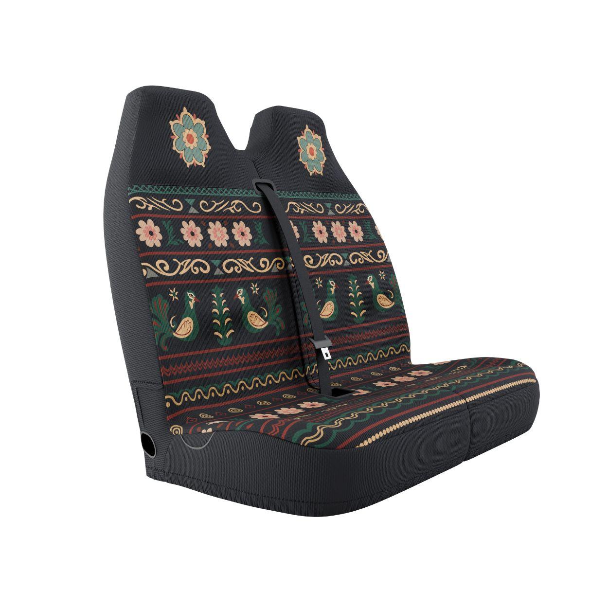 Indira double front seat cover installed on van bench — black folk floral with deer motifs | Solara Covers