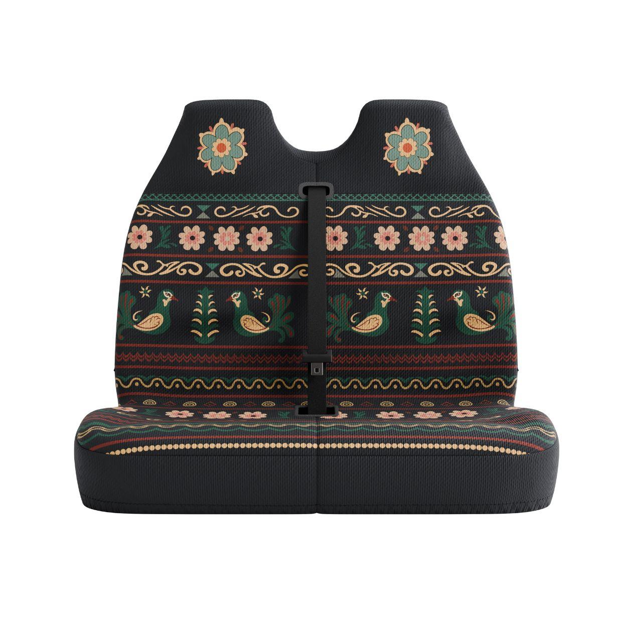 Indira double front seat cover by Solara Covers for van bench seats and campers — waterproof black folk floral with deer motifs design