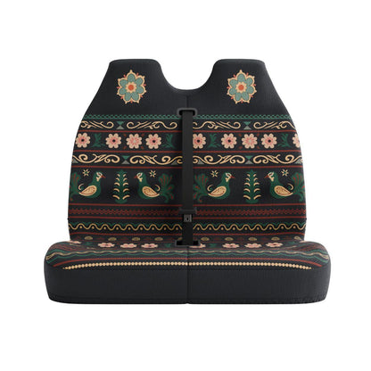 Indira double front seat cover by Solara Covers for van bench seats and campers — waterproof black folk floral with deer motifs design