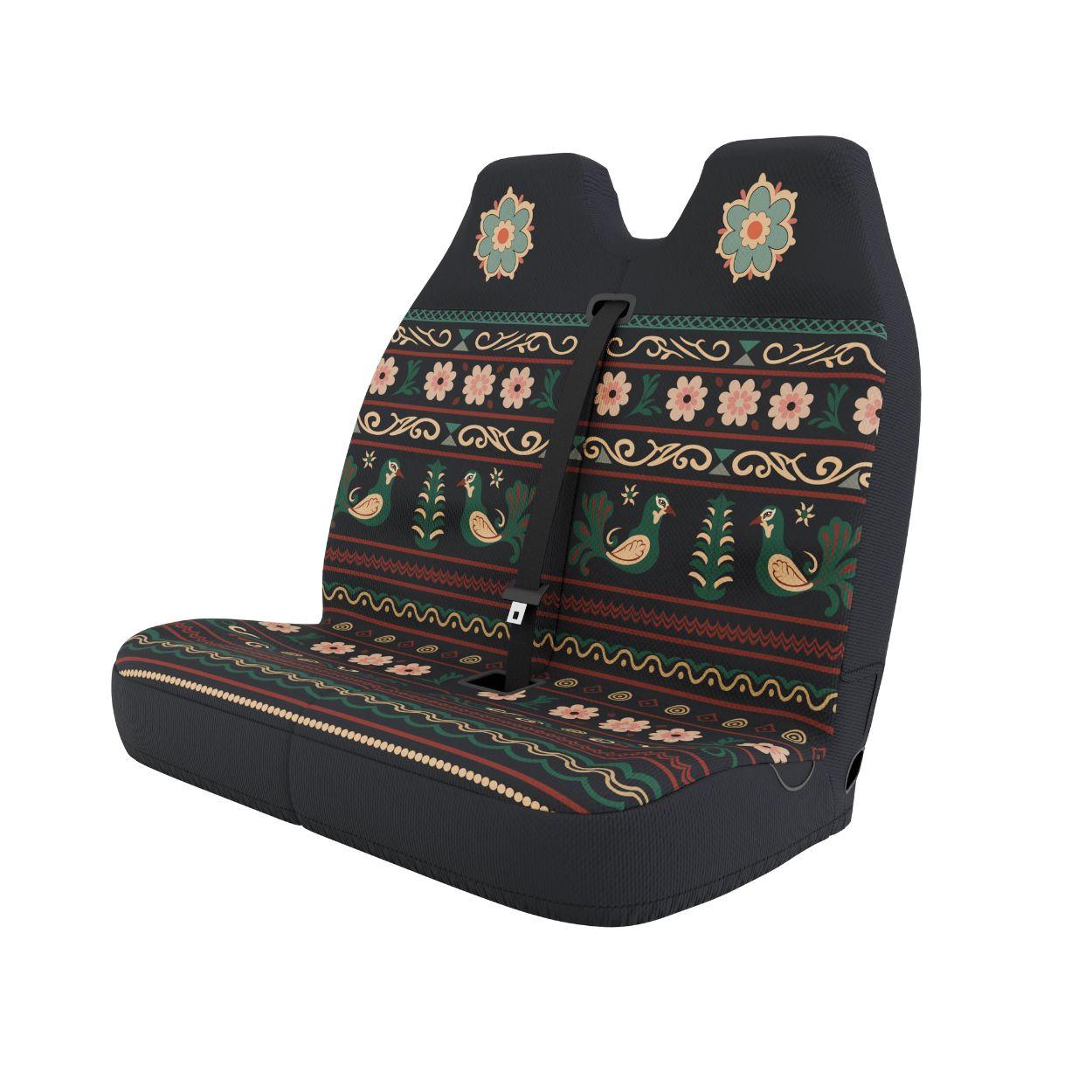 Indira double front cover styled in van interior — black folk floral with deer motifs bench seat protection | Solara Covers