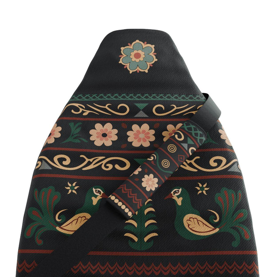 Indira seat belt covers pair installed in van — black folk floral with deer motifs padded sleeves | Solara Covers