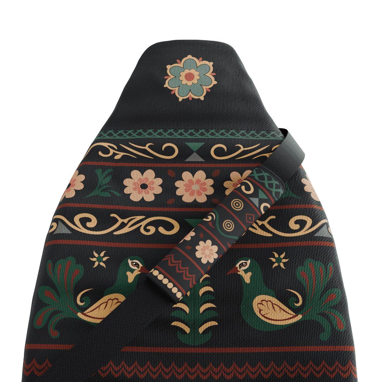Indira seat belt covers pair installed in van — black folk floral with deer motifs padded sleeves | Solara Covers