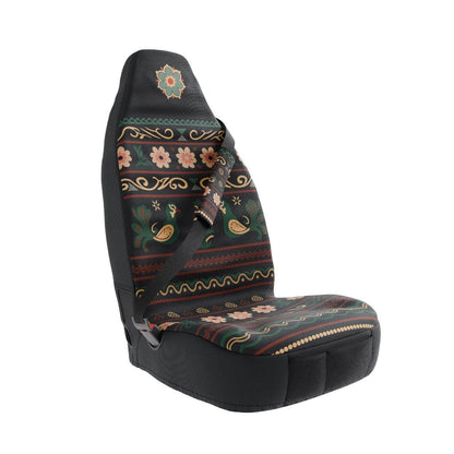 Indira padded seat belt covers by Solara Covers for cars, vans and SUVs — waterproof black folk floral with deer motifs design