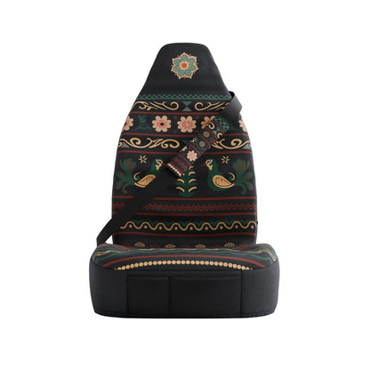 Indira seat belt sleeves styled in vehicle interior — black folk floral with deer motifs padded comfort | Solara Covers