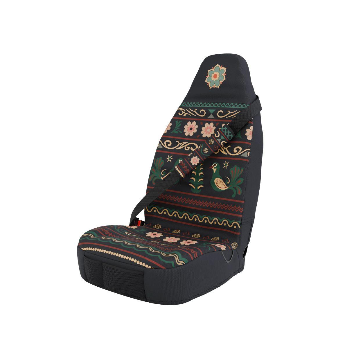 Indira padded seat belt covers (pair) by Solara Covers — black folk floral with deer motifs, machine washable